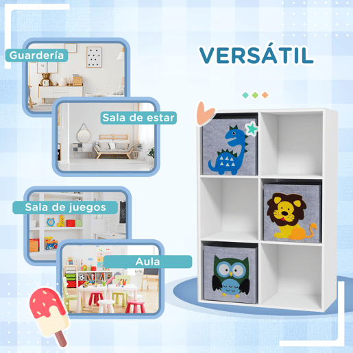ZONEKIZ Estante para Brinquedos Estante para Crianças acima de 3 Anos com 6 Compartimentos de Armazenamento e 3 Caixas de Tecido não Tecido com Desenho de Animais 61,8x29,9x91,5 cm Branco e Cinza