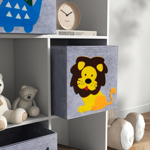 ZONEKIZ Estante para Brinquedos Estante para Crianças acima de 3 Anos com 6 Compartimentos de Armazenamento e 3 Caixas de Tecido não Tecido com Desenho de Animais 61,8x29,9x91,5 cm Branco e Cinza
