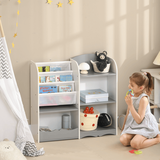 ZONEKIZ Organizador de Brinquedos Estante para Crianças com Prateleiras Abertas para Dormitório Sala de Jogos Escola Infantil 85x26x84 cm Cinza