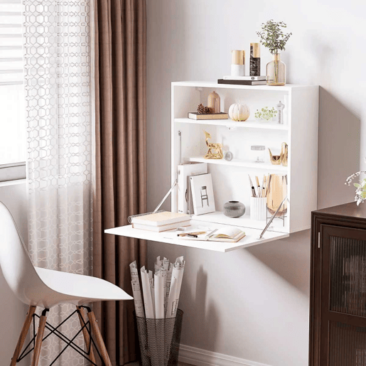 HOMCOM Secretária de Parede Moderna Mesa Dobrável de Parede Multifuncional com Prateleiras de Armazenamento Carga 40 kg para Dormitório Sala de Estar Escritório 64x20x60 cm Branco