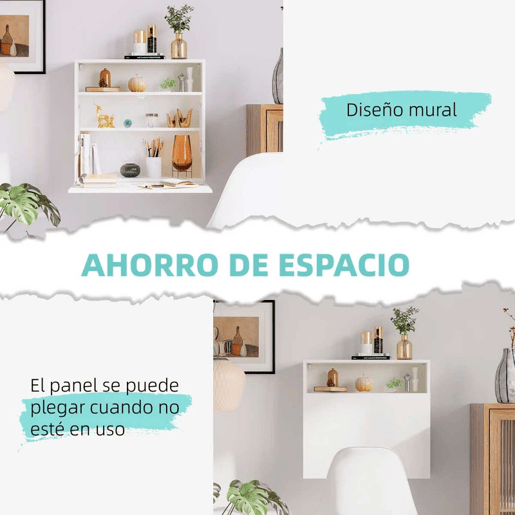 HOMCOM Secretária de Parede Moderna Mesa Dobrável de Parede Multifuncional com Prateleiras de Armazenamento Carga 40 kg para Dormitório Sala de Estar Escritório 64x20x60 cm Branco