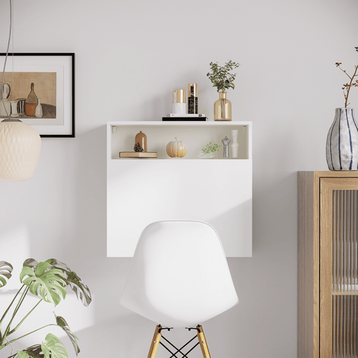 HOMCOM Secretária de Parede Moderna Mesa Dobrável de Parede Multifuncional com Prateleiras de Armazenamento Carga 40 kg para Dormitório Sala de Estar Escritório 64x20x60 cm Branco