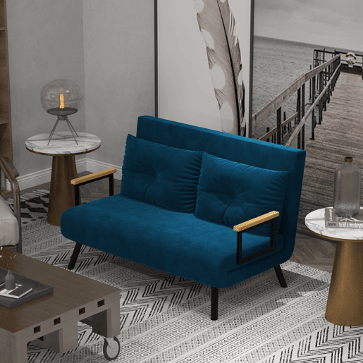 HOMCOM Sofá Cama Sofá Convertível em Cama de 2 Lugares Dobrável com Encosto Ajustável em 5 Níveis e 2 Almofadas Acolchoadas para Escritório Dormitório Sala de Estar 102x73x81 cm Azul
