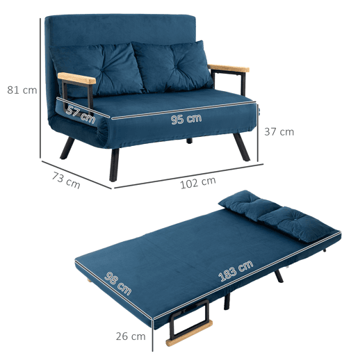 HOMCOM Sofá Cama Sofá Convertível em Cama de 2 Lugares Dobrável com Encosto Ajustável em 5 Níveis e 2 Almofadas Acolchoadas para Escritório Dormitório Sala de Estar 102x73x81 cm Azul