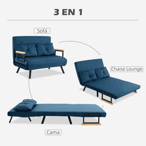 HOMCOM Sofá Cama Sofá Convertível em Cama de 2 Lugares Dobrável com Encosto Ajustável em 5 Níveis e 2 Almofadas Acolchoadas para Escritório Dormitório Sala de Estar 102x73x81 cm Azul