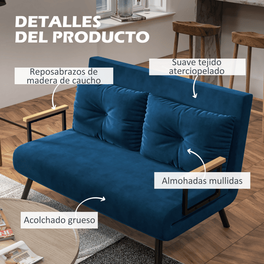 HOMCOM Sofá Cama Sofá Convertível em Cama de 2 Lugares Dobrável com Encosto Ajustável em 5 Níveis e 2 Almofadas Acolchoadas para Escritório Dormitório Sala de Estar 102x73x81 cm Azul