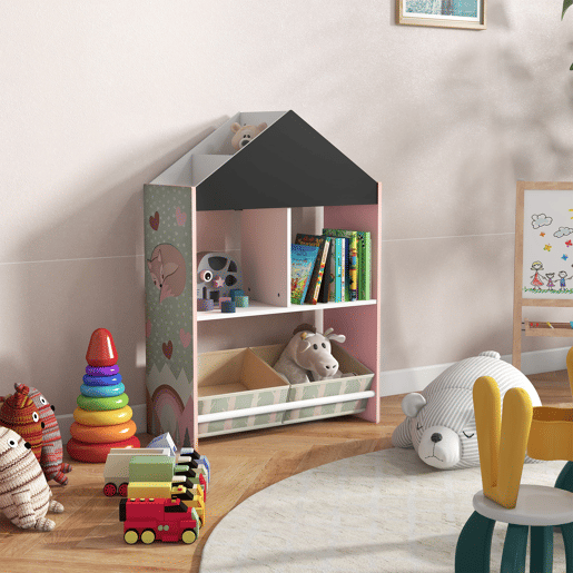 ZONEKIZ Estante para Brinquedos Organizador Infantil com Prateleiras Abertas e 2 Caixas de Tecido não Tecido Amovíveis para Sala de Jogos Dormitório Escola Infantil 62,4x26,5x90 cm Rosa