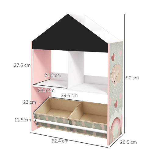 ZONEKIZ Estante para Brinquedos Organizador Infantil com Prateleiras Abertas e 2 Caixas de Tecido não Tecido Amovíveis para Sala de Jogos Dormitório Escola Infantil 62,4x26,5x90 cm Rosa