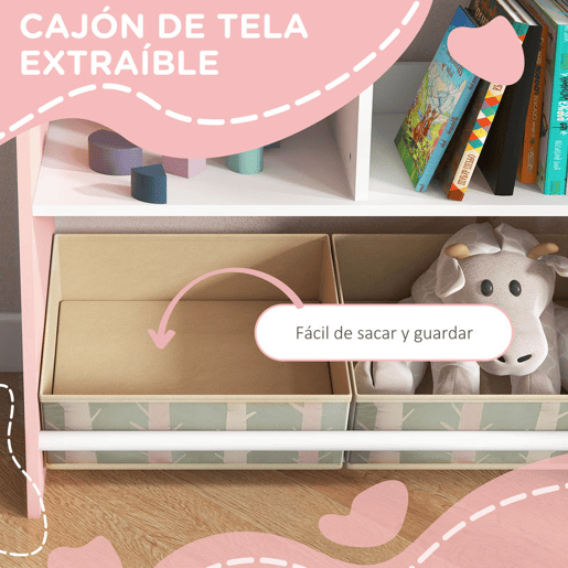 ZONEKIZ Estante para Brinquedos Organizador Infantil com Prateleiras Abertas e 2 Caixas de Tecido não Tecido Amovíveis para Sala de Jogos Dormitório Escola Infantil 62,4x26,5x90 cm Rosa