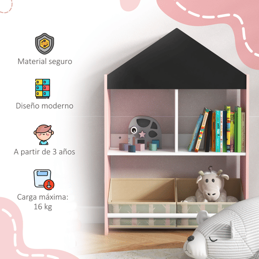 ZONEKIZ Estante para Brinquedos Organizador Infantil com Prateleiras Abertas e 2 Caixas de Tecido não Tecido Amovíveis para Sala de Jogos Dormitório Escola Infantil 62,4x26,5x90 cm Rosa