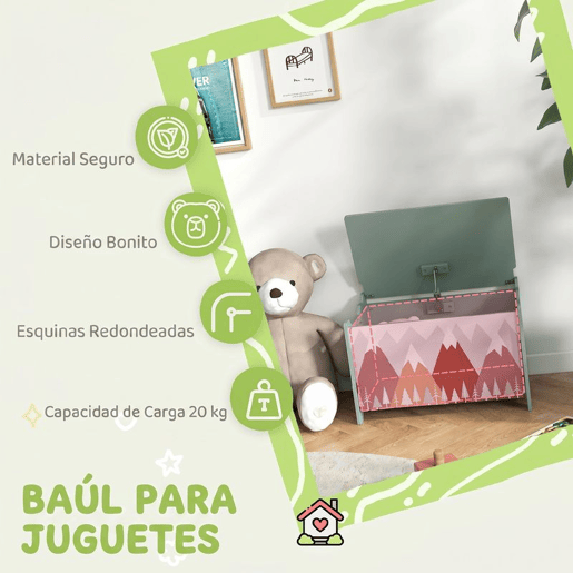 ZONEKIZ Baú de Brinquedos Organizador de Brinquedos para Crianças de 3 a 8 Anos com Estampado em Animais Carga 20 kg para Livros Roupas Dormitório Sala de Estar 60x37x39 cm Verde