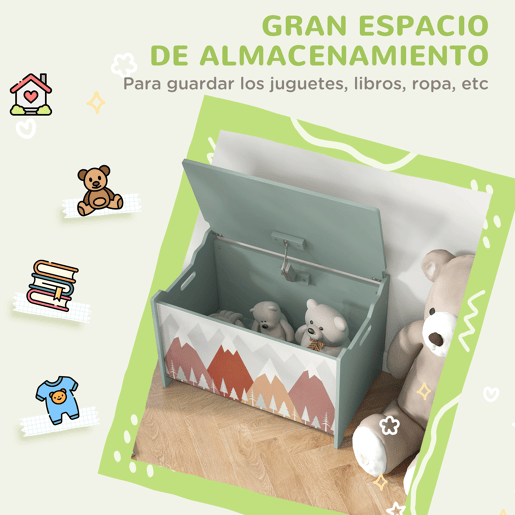 ZONEKIZ Baú de Brinquedos Organizador de Brinquedos para Crianças de 3 a 8 Anos com Estampado em Animais Carga 20 kg para Livros Roupas Dormitório Sala de Estar 60x37x39 cm Verde