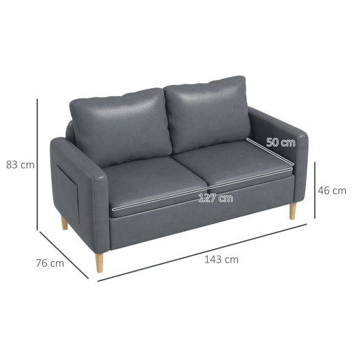 HOMCOM Sofá de 2 Lugares Sofá Moderno Estofado em Poliéster com 2 Bolsos Laterais Apoio para os braços e Pés de Madeira para Sala de Estar Escritório Carga 200 kg 143x76x83 cm Cinza
