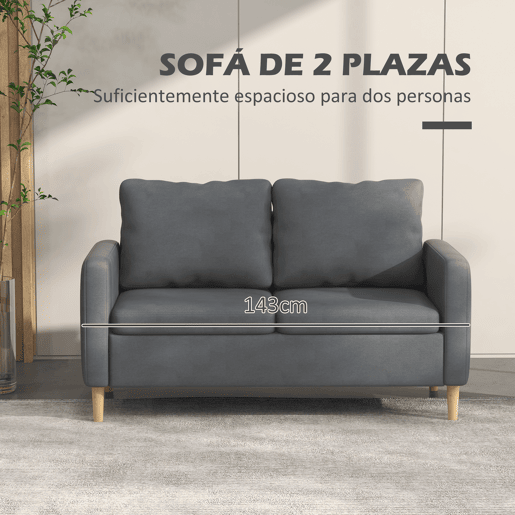 HOMCOM Sofá de 2 Lugares Sofá Moderno Estofado em Poliéster com 2 Bolsos Laterais Apoio para os braços e Pés de Madeira para Sala de Estar Escritório Carga 200 kg 143x76x83 cm Cinza