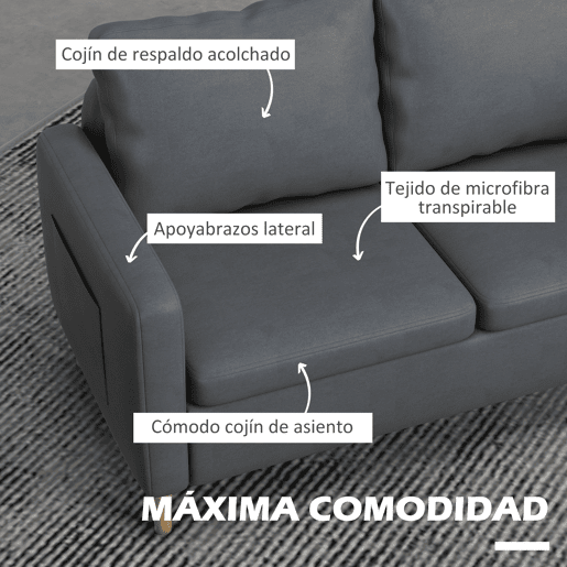 HOMCOM Sofá de 2 Lugares Sofá Moderno Estofado em Poliéster com 2 Bolsos Laterais Apoio para os braços e Pés de Madeira para Sala de Estar Escritório Carga 200 kg 143x76x83 cm Cinza