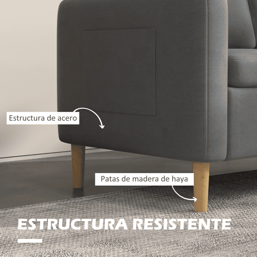 HOMCOM Sofá de 2 Lugares Sofá Moderno Estofado em Poliéster com 2 Bolsos Laterais Apoio para os braços e Pés de Madeira para Sala de Estar Escritório Carga 200 kg 143x76x83 cm Cinza