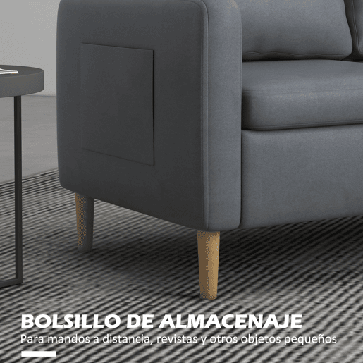 HOMCOM Sofá de 2 Lugares Sofá Moderno Estofado em Poliéster com 2 Bolsos Laterais Apoio para os braços e Pés de Madeira para Sala de Estar Escritório Carga 200 kg 143x76x83 cm Cinza