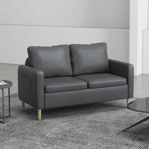 HOMCOM Sofá de 2 Lugares Sofá Moderno Estofado em Poliéster com 2 Bolsos Laterais Apoio para os braços e Pés de Madeira para Sala de Estar Escritório Carga 200 kg 143x76x83 cm Cinza