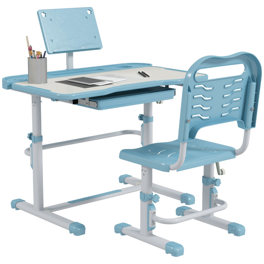 Zonekiz juego de escritorio y silla para niños de 6-12 años pupitre infantil altura y ángulo ajustable con 1 cajón y 1 estante para libros 80x49,5x82-104 cm azul y blanco