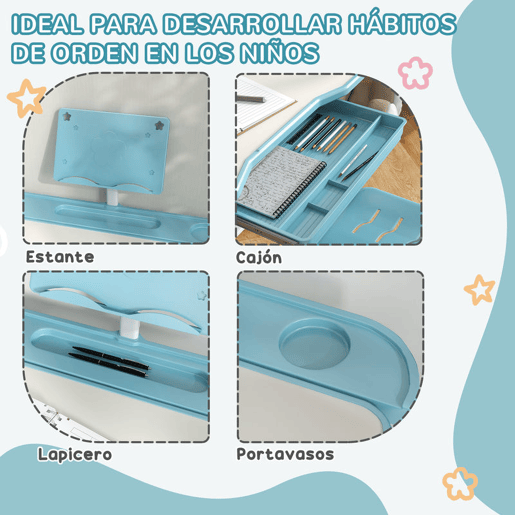 ZONEKIZ Conjunto de Secretária e Cadeira para Crianças de 6-12 Anos Secretária para Crianças com Altura Ajustável com 1 Gaveta Prateleira para Livros e Ângulo da Mesa Ajustável 80x49,5x82-104 cm Azul e Branco
