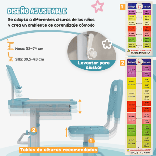 ZONEKIZ Conjunto de Secretária e Cadeira para Crianças de 6-12 Anos Secretária para Crianças com Altura Ajustável com 1 Gaveta Prateleira para Livros e Ângulo da Mesa Ajustável 80x49,5x82-104 cm Azul e Branco