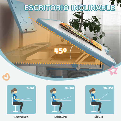 ZONEKIZ Conjunto de Secretária e Cadeira para Crianças de 6-12 Anos Secretária para Crianças com Altura Ajustável com 1 Gaveta Prateleira para Livros e Ângulo da Mesa Ajustável 80x49,5x82-104 cm Azul e Branco