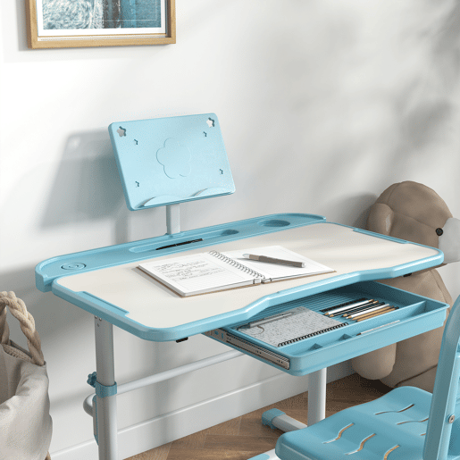 ZONEKIZ Conjunto de Secretária e Cadeira para Crianças de 6-12 Anos Secretária para Crianças com Altura Ajustável com 1 Gaveta Prateleira para Livros e Ângulo da Mesa Ajustável 80x49,5x82-104 cm Azul e Branco