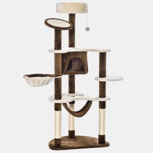 PawHut Árvore Arranhador para Gatos Grande Altura 153cm Torre de Escalada para Gatos com Caverna Redes Plataformas Postes Arranhadores de Sisal e Bola Suspensa Marrom e Bege
