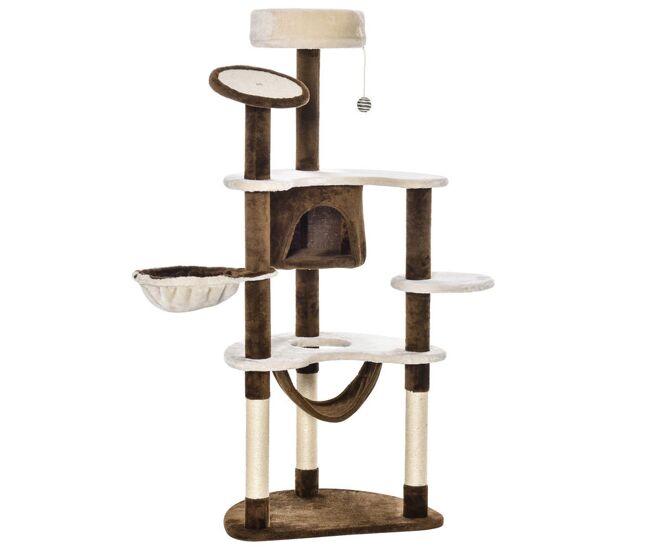 Pawhut árbol rascador para gatos grande 65x50x153 cm torre para gatos centro de actividades con múltiples plataforma poste hamaca bolas de juguete y cueva marrón