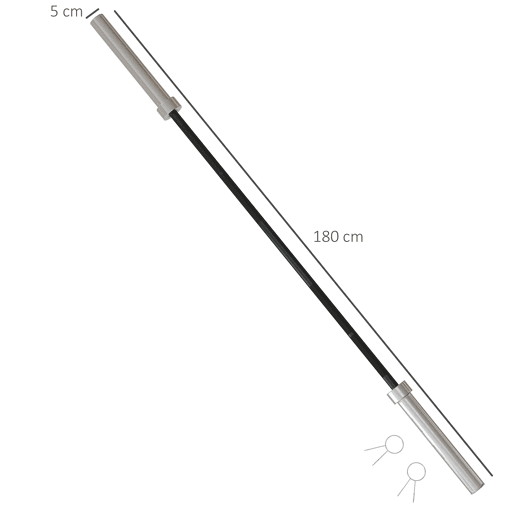 SPORTNOW Barra de Pesos de Aço180 cm Ø50 mm com 2 Grampos Carga 200 kg Barra Olimpica para Discos de Ø5 cm Treino em Ginásio Casa Prata e Preto