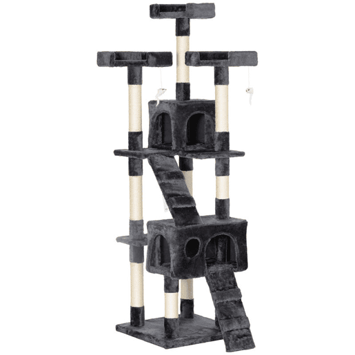 PawHut Arranhador para Gatos Grande 49x49x173 cm com Múltiplos Níveis Cavernas Brinquedos Suspensos Centro de Atividades de Sisal Cinza