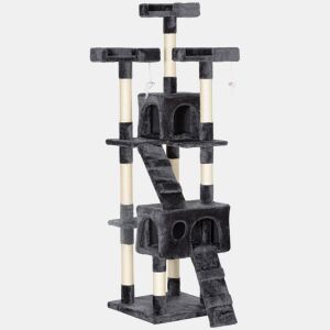 PawHut Arranhador para Gatos Grande 49x49x173 cm com Múltiplos Níveis Cavernas Brinquedos Suspensos Centro de Atividades de Sisal Cinza