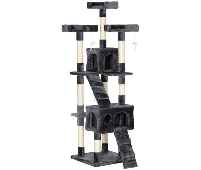 Pawhut árbol rascador para gatos, árbol para gatos 173 cm, torre escalador con 2 cuevas, 3 camas, 2 rampas, postes de sisal, 2 ratones colgantes, gris