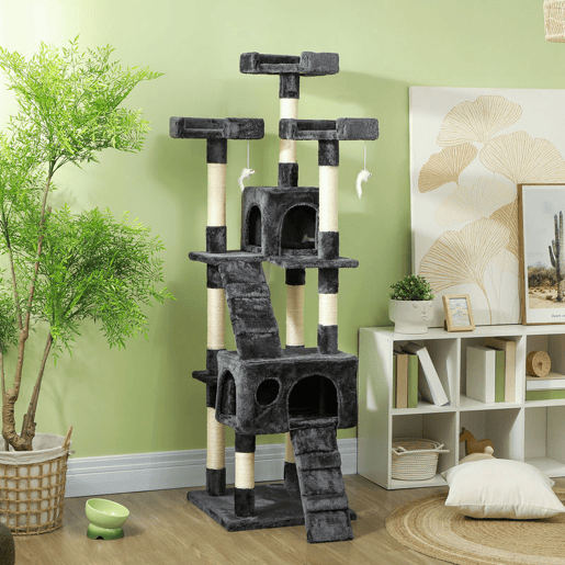 PawHut Arranhador para Gatos Grande 49x49x173 cm com Múltiplos Níveis Cavernas Brinquedos Suspensos Centro de Atividades de Sisal Cinza