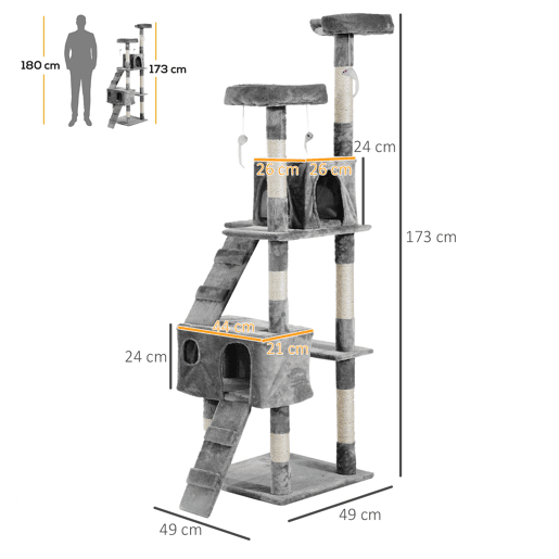 PawHut Arranhador para Gatos Grande 49x49x173 cm com Múltiplos Níveis Cavernas Brinquedos Suspensos Centro de Atividades de Sisal Cinza