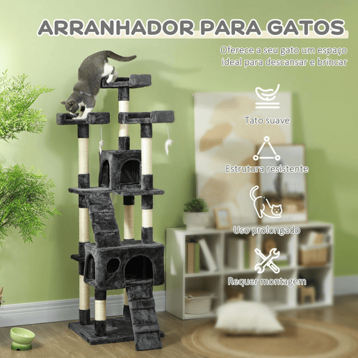PawHut Arranhador para Gatos Grande 49x49x173 cm com Múltiplos Níveis Cavernas Brinquedos Suspensos Centro de Atividades de Sisal Cinza