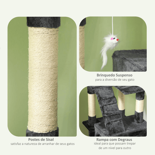 PawHut Arranhador para Gatos Grande 49x49x173 cm com Múltiplos Níveis Cavernas Brinquedos Suspensos Centro de Atividades de Sisal Cinza