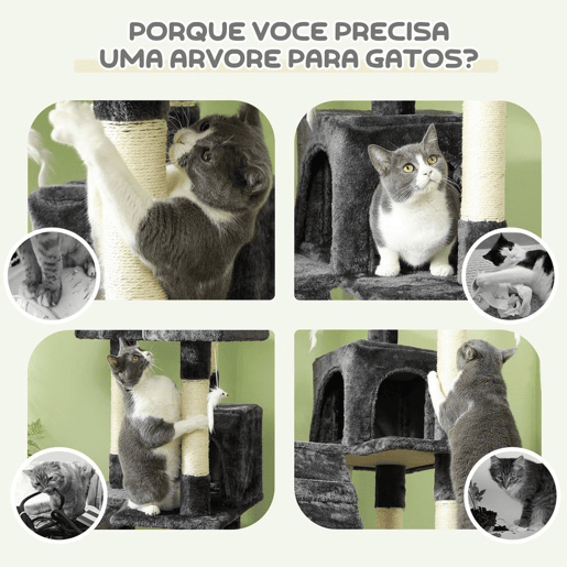 PawHut Arranhador para Gatos Grande 49x49x173 cm com Múltiplos Níveis Cavernas Brinquedos Suspensos Centro de Atividades de Sisal Cinza