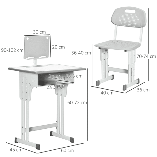 HOMCOM Conjunto de Secretária e Cadeira para Crianças de 6-12 Anos Secretária Infantil com Altura Ajustável 1 Gaveta 1 Suporte para Lápis e 1 Prateleira para Livros 60x45x90-120 cm Cinza