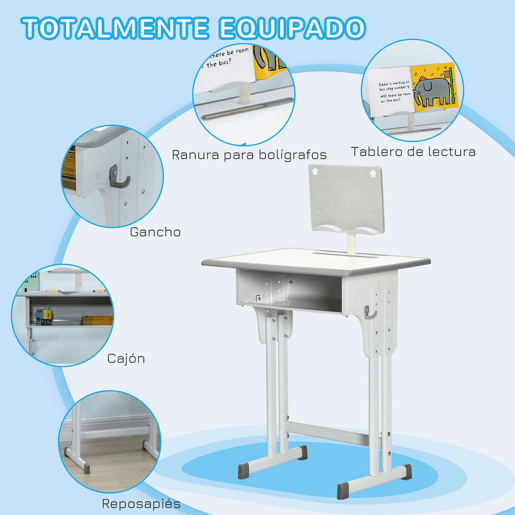 HOMCOM Conjunto de Secretária e Cadeira para Crianças de 6-12 Anos Secretária Infantil com Altura Ajustável 1 Gaveta 1 Suporte para Lápis e 1 Prateleira para Livros 60x45x90-120 cm Cinza