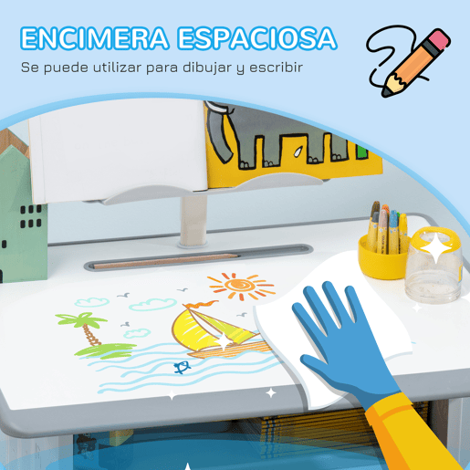 HOMCOM Conjunto de Secretária e Cadeira para Crianças de 6-12 Anos Secretária Infantil com Altura Ajustável 1 Gaveta 1 Suporte para Lápis e 1 Prateleira para Livros 60x45x90-120 cm Cinza