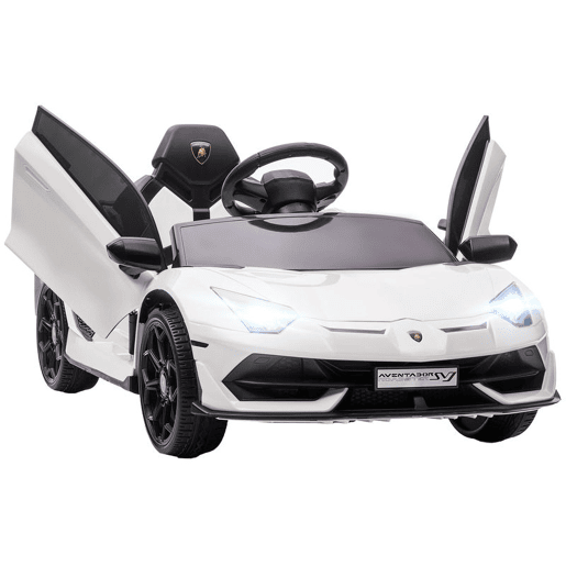 HOMCOM Carro Elétrico Lamborghini para Crianças de 37 a 60 Meses Carro Elétrico a Bateria 12V Velocidade Máxima 5kmh Controlo Remoto MP3 Luzes e Cinto de Segurança 107,5x63x42 cm Branco