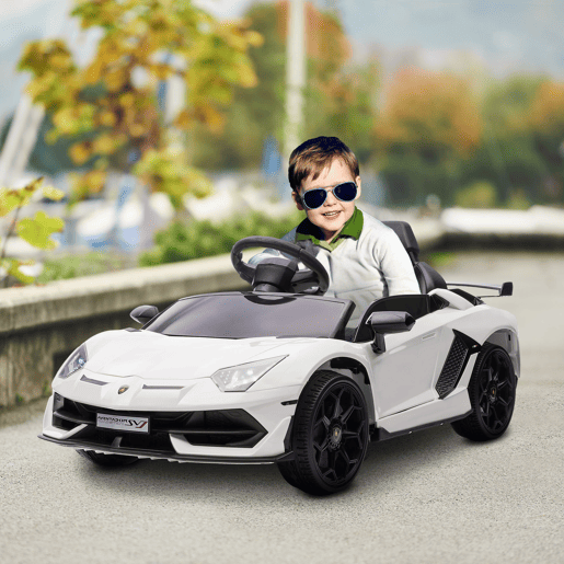 HOMCOM Carro Elétrico Lamborghini para Crianças de 37 a 60 Meses Carro Elétrico a Bateria 12V Velocidade Máxima 5kmh Controlo Remoto MP3 Luzes e Cinto de Segurança 107,5x63x42 cm Branco