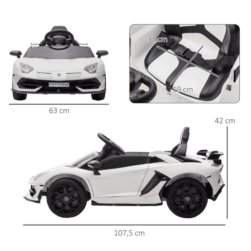 HOMCOM Carro Elétrico Lamborghini para Crianças de 37 a 60 Meses Carro Elétrico a Bateria 12V Velocidade Máxima 5kmh Controlo Remoto MP3 Luzes e Cinto de Segurança 107,5x63x42 cm Branco