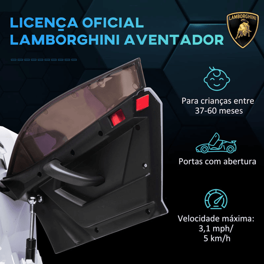 HOMCOM Carro Elétrico Lamborghini para Crianças de 37 a 60 Meses Carro Elétrico a Bateria 12V Velocidade Máxima 5kmh Controlo Remoto MP3 Luzes e Cinto de Segurança 107,5x63x42 cm Branco