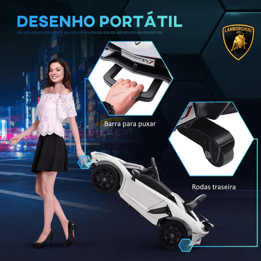 HOMCOM Carro Elétrico Lamborghini para Crianças de 37 a 60 Meses Carro Elétrico a Bateria 12V Velocidade Máxima 5kmh Controlo Remoto MP3 Luzes e Cinto de Segurança 107,5x63x42 cm Branco
