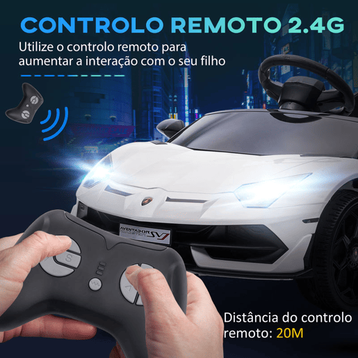 HOMCOM Carro Elétrico Lamborghini para Crianças de 37 a 60 Meses Carro Elétrico a Bateria 12V Velocidade Máxima 5kmh Controlo Remoto MP3 Luzes e Cinto de Segurança 107,5x63x42 cm Branco