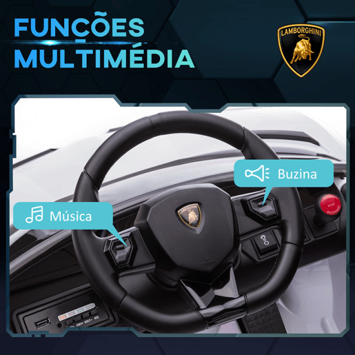 HOMCOM Carro Elétrico Lamborghini para Crianças de 37 a 60 Meses Carro Elétrico a Bateria 12V Velocidade Máxima 5kmh Controlo Remoto MP3 Luzes e Cinto de Segurança 107,5x63x42 cm Branco