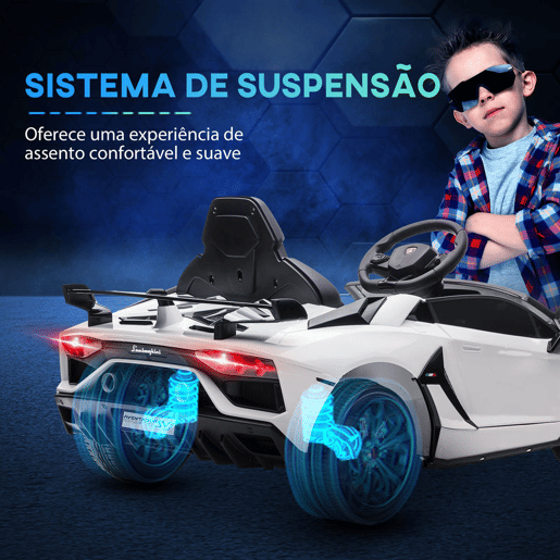HOMCOM Carro Elétrico Lamborghini para Crianças de 37 a 60 Meses Carro Elétrico a Bateria 12V Velocidade Máxima 5kmh Controlo Remoto MP3 Luzes e Cinto de Segurança 107,5x63x42 cm Branco