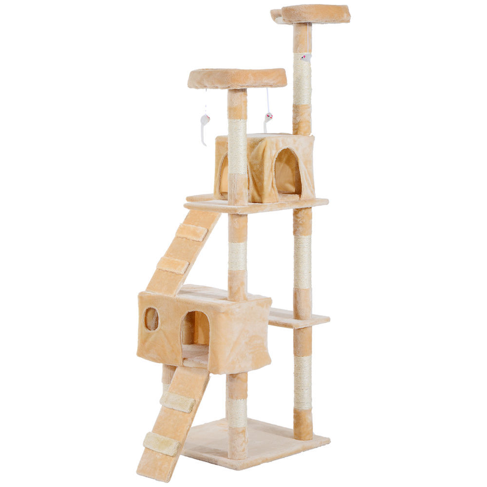 Pawhut árbol rascador para gatos, árbol para gatos 173 cm, torre escalador con 2 cuevas, 3 camas, 2 rampas, postes de sisal, 2 ratones colgantes, beige